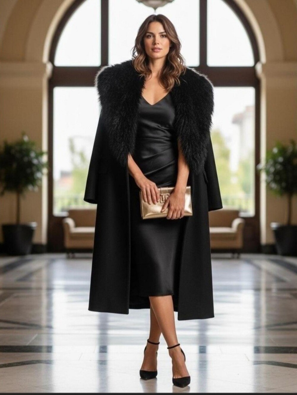 WHBM Elegant Black Satin Dress with Faux Fur Collar Size L